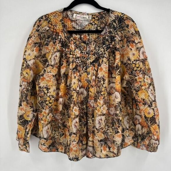 Free People We The Free Cool Meadow Floral Smocked Boho Top XS Cotton Yellow  EU - Picture 2 of 16